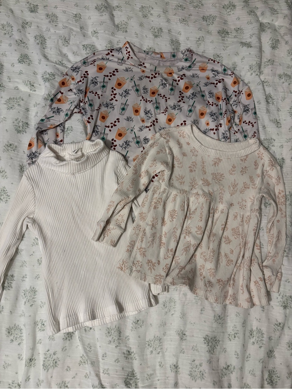 Kids Long-Sleeve Floral & Cream Ribbed Tops - Set of 3
